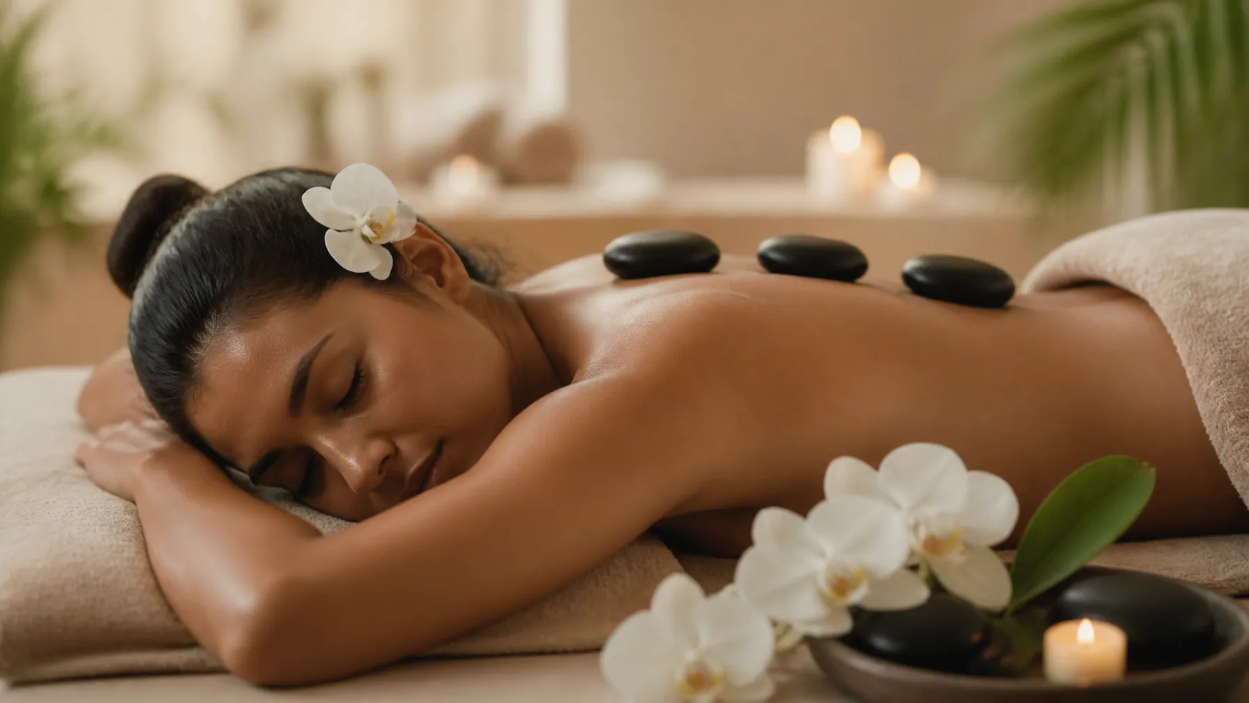 Warm hot stone massage with white orchids